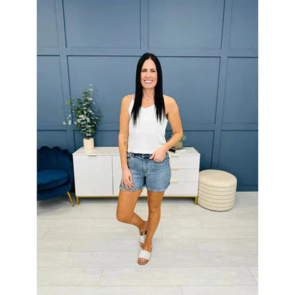 High Rise Frayed Hem Cut Off Jean Shorts